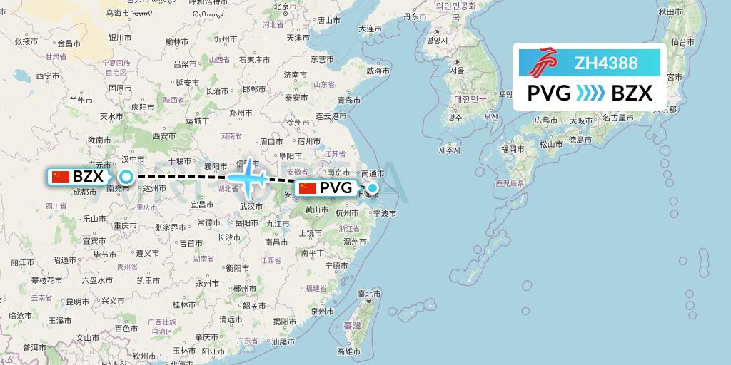 ZH4388 Shenzhen Airlines Flight Map: Shanghai to Guangyuan