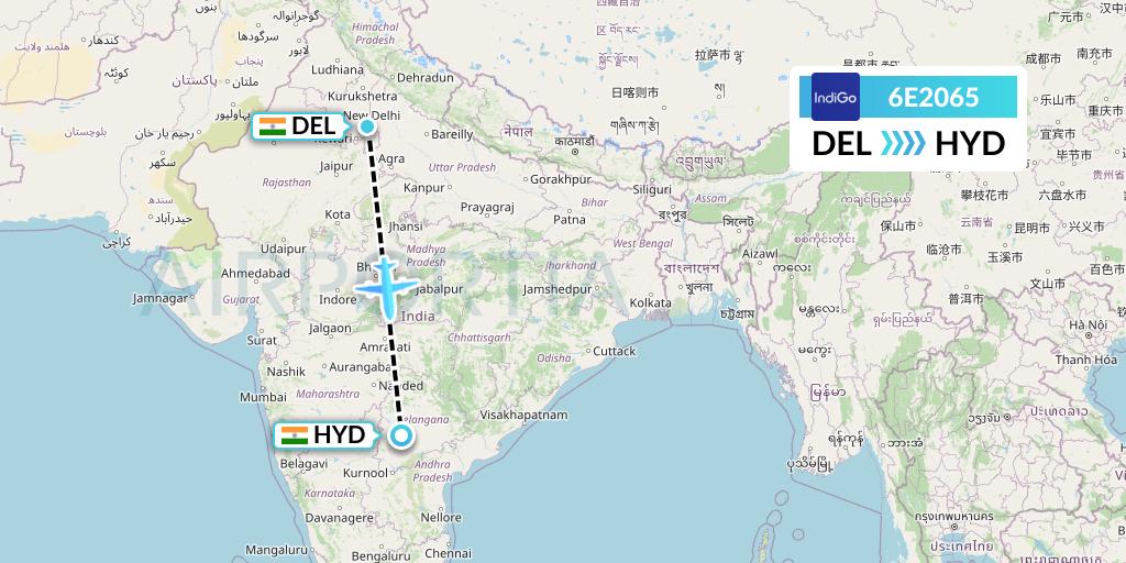 6E2065 IndiGo Airlines Flight Map: Delhi to Hyderabad