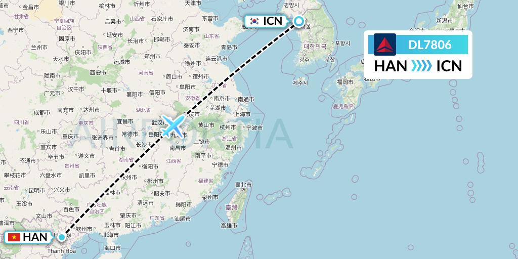 DL7806 Delta Air Lines Flight Map: Hanoi to Seoul