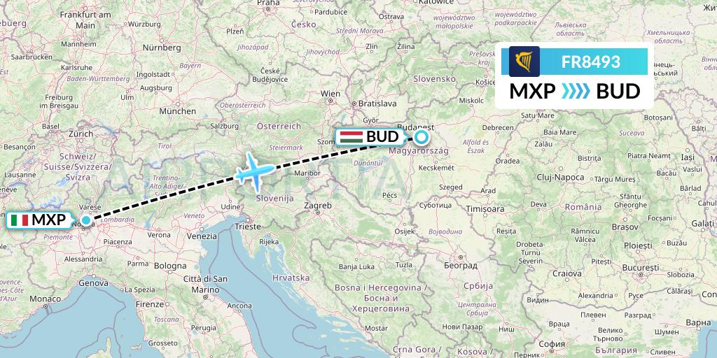 FR8493 Ryanair Flight Map: Milan to Budapest