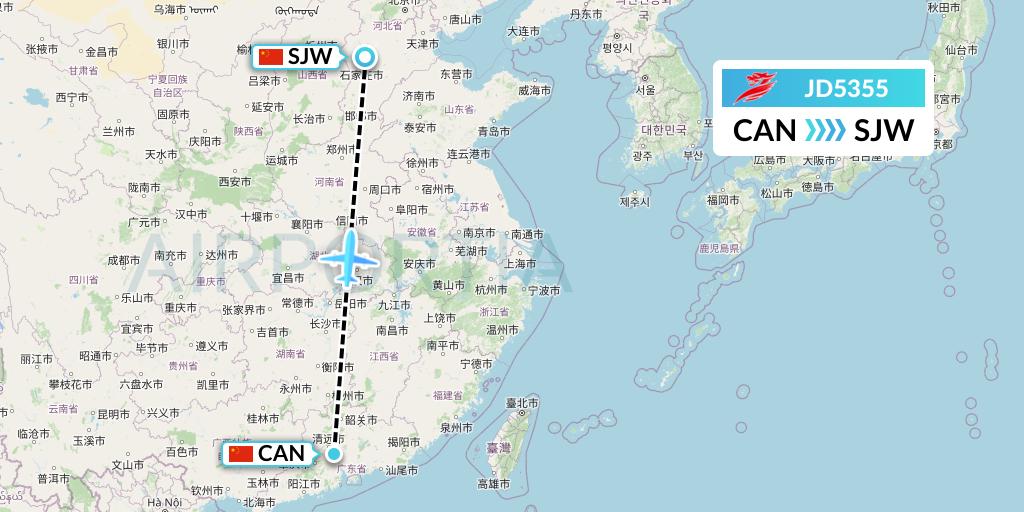 JD5355 Capital Airlines Flight Map: Guangzhou to Shijiazhuang