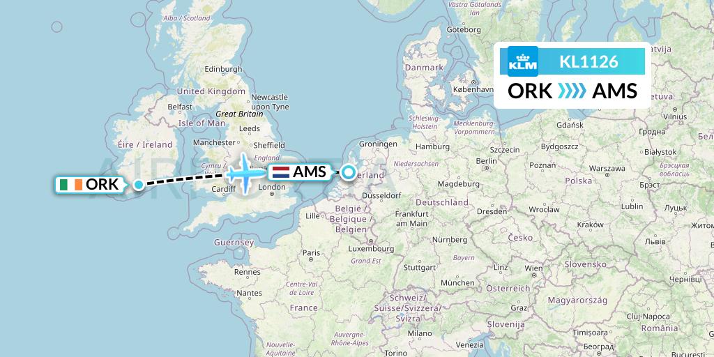 KL1126 KLM Flight Map: Cork to Amsterdam