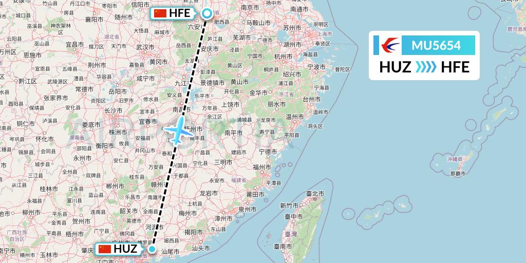 MU5654 China Eastern Airlines Flight Map: Huizhou to Hefei
