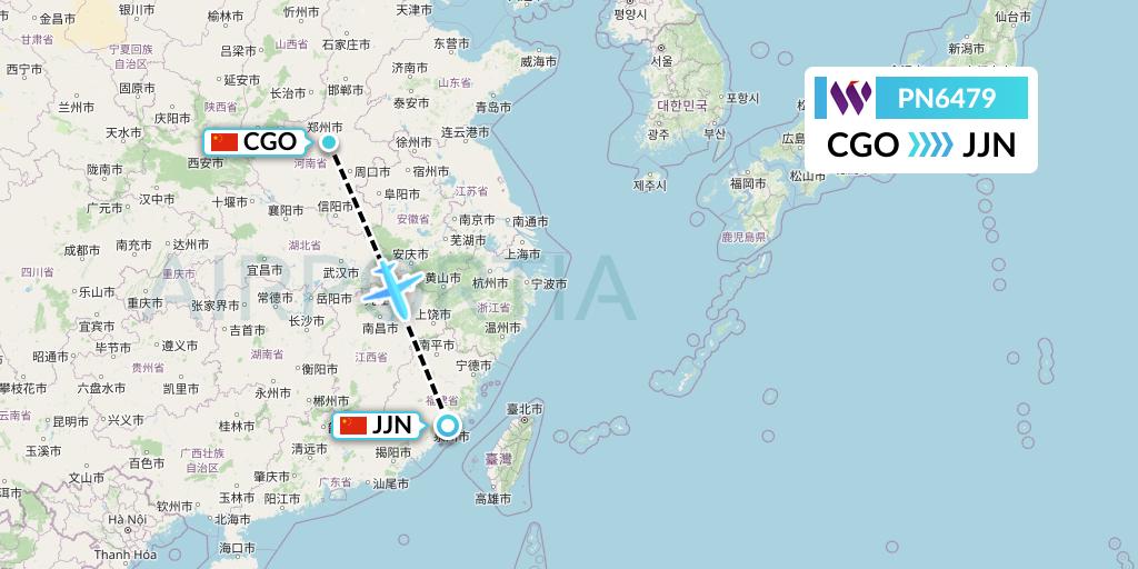 PN6479 China West Air Flight Map: Zhengzhou to Jinjiang