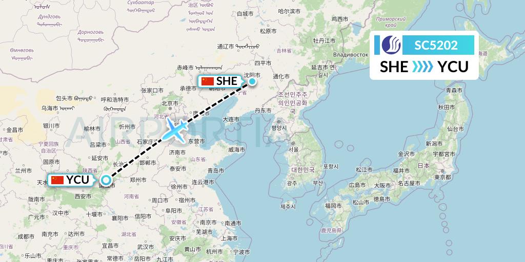 SC5202 Shandong Airlines Flight Map: Shenyang to Yuncheng