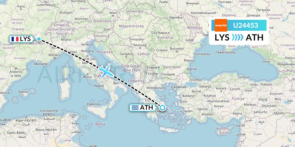U24453 EasyJet Flight Map: Lyon to Athens