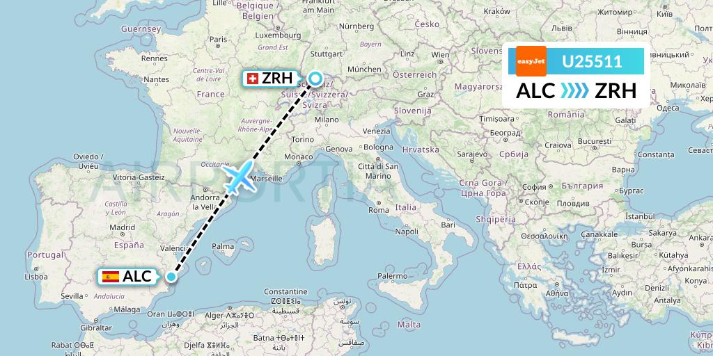 U25511 EasyJet Flight Map: Alicante to Zurich