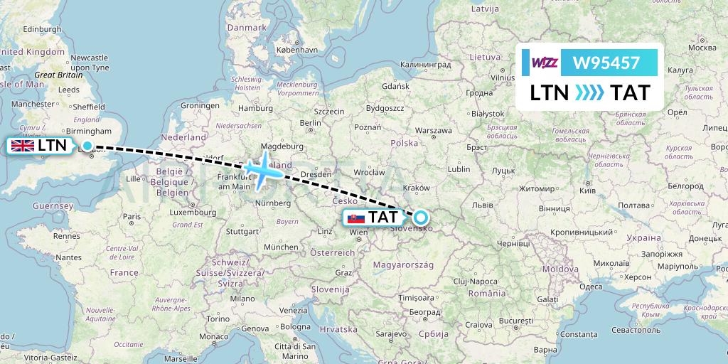 W95457 Wizz Air UK Flight Map: London to Poprad