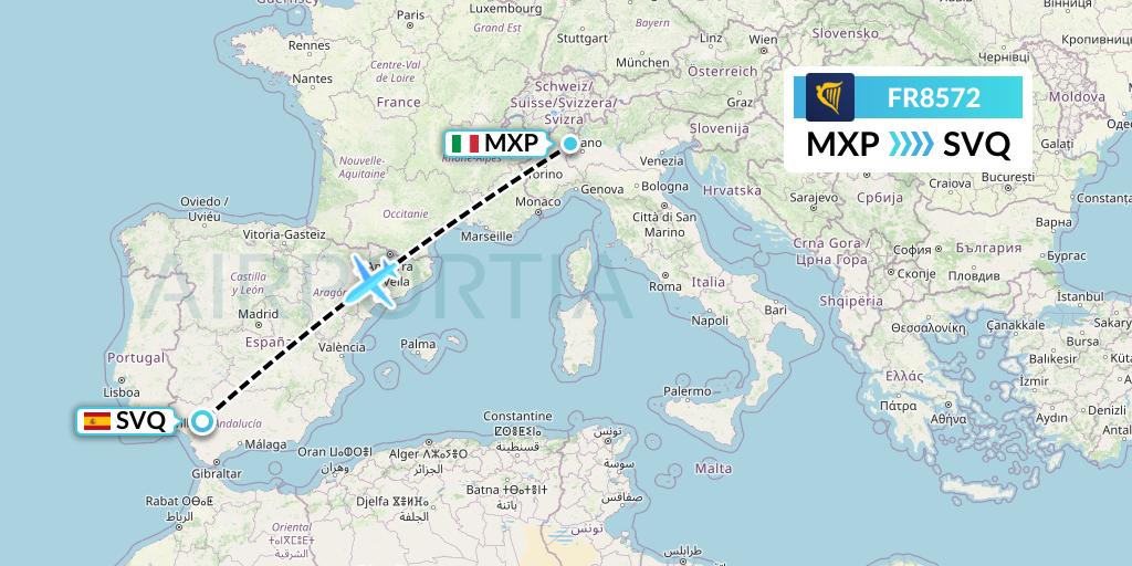 FR8572 Ryanair Flight Map: Milan to Seville