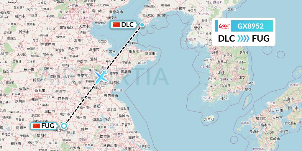 GX8952 GX Airlines Flight Map: Dalian to Fuyang