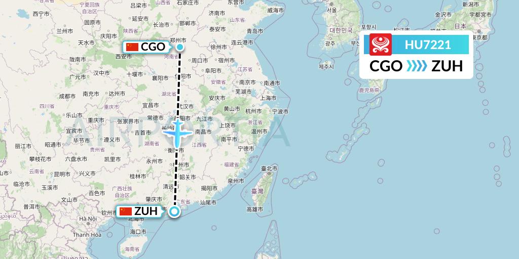 HU7221 Hainan Airlines Flight Map: Zhengzhou to Zhuhai