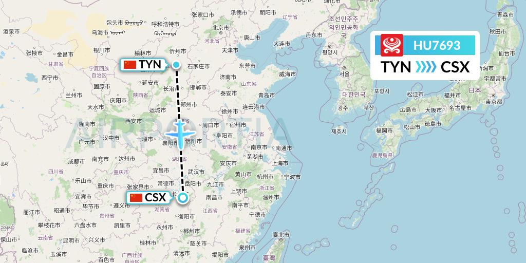 HU7693 Hainan Airlines Flight Map: Taiyuan to Changsha
