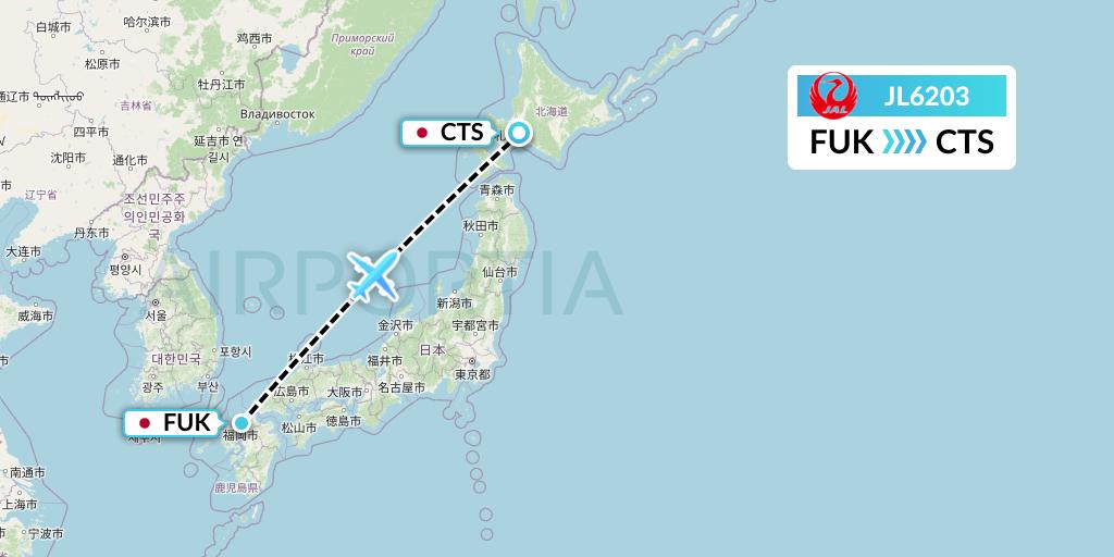 JL6203 Japan Airlines Flight Map: Fukuoka to Sapporo