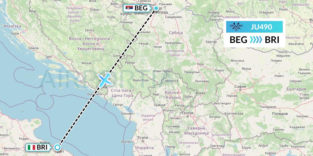 JU490 AirSERBIA Flight Map: Belgrade to Bari