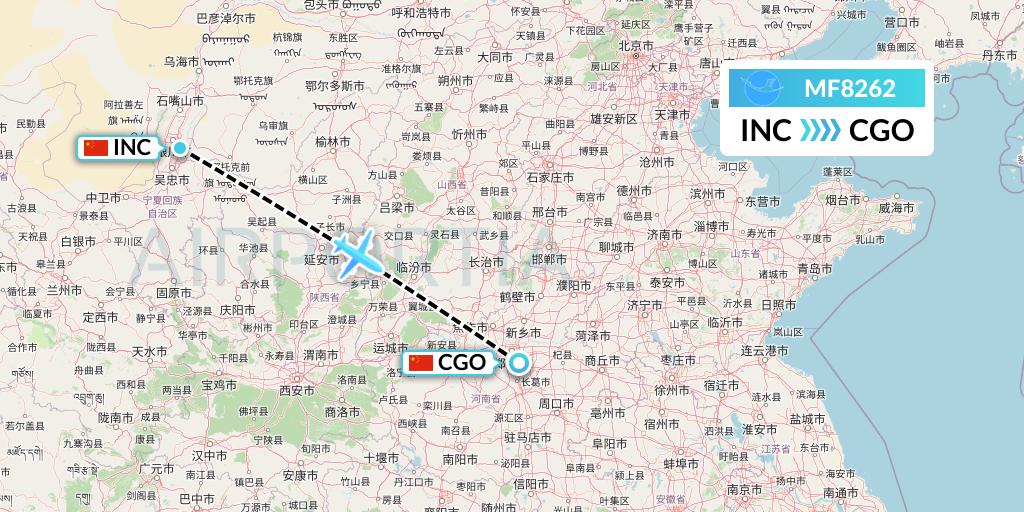 MF8262 Xiamen Airlines Flight Map: Yinchuan to Zhengzhou