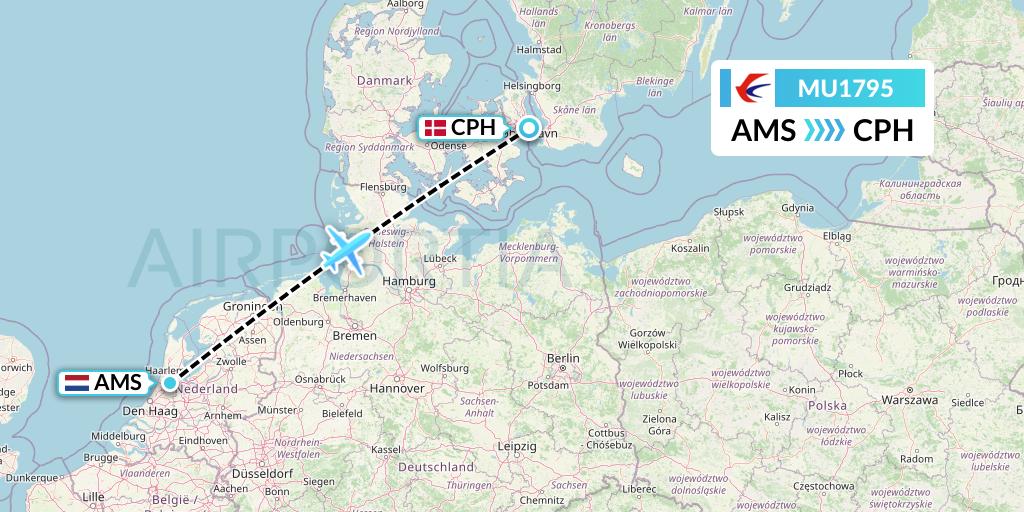 MU1795 China Eastern Airlines Flight Map: Amsterdam to Copenhagen