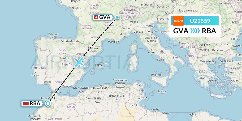 U21559 EasyJet Flight Map: Geneva to Rabat