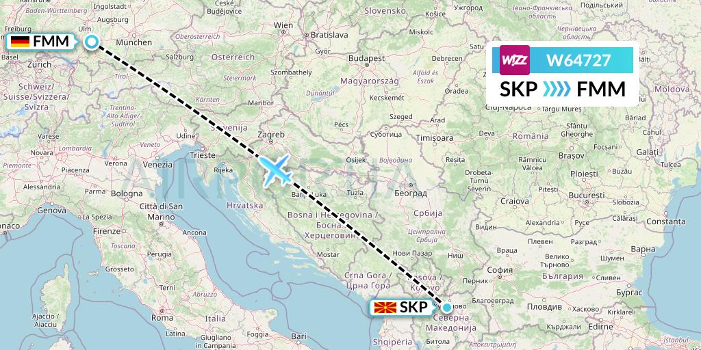 W64727 Wizz Air Flight Map: Skopje to Memmingen
