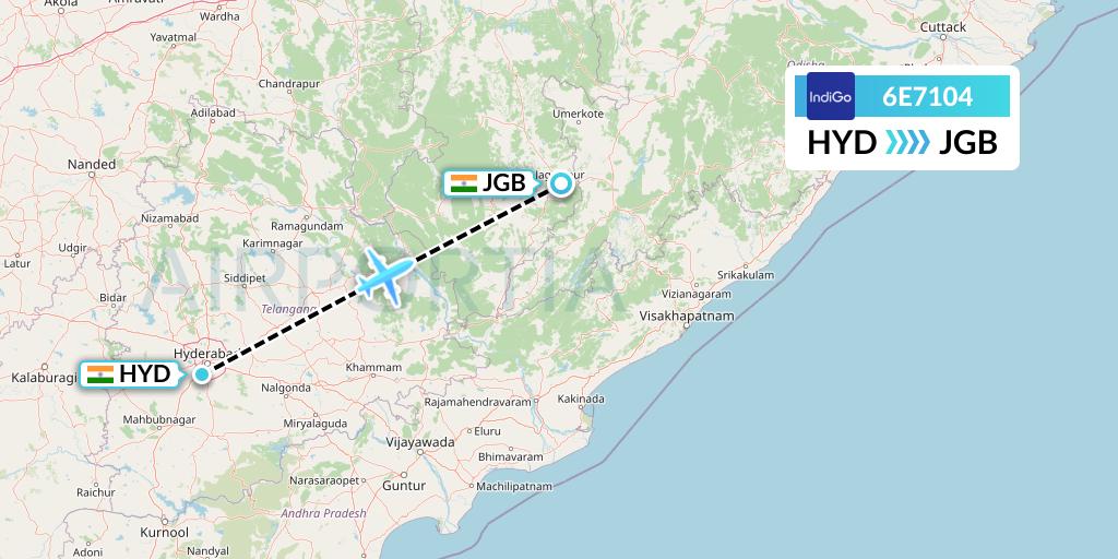 6E7104 IndiGo Airlines Flight Map: Hyderabad to Jagdalpur