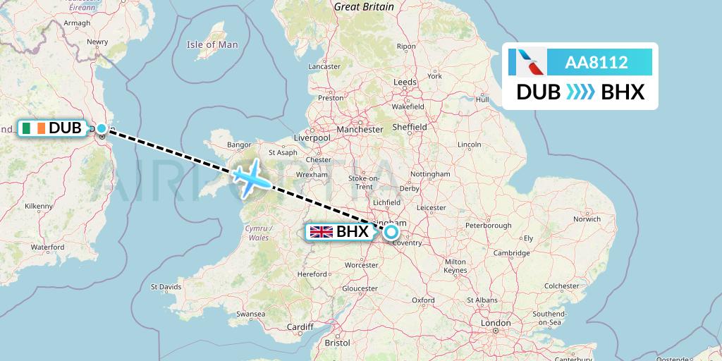 AA8112 American Airlines Flight Map: Dublin to Birmingham