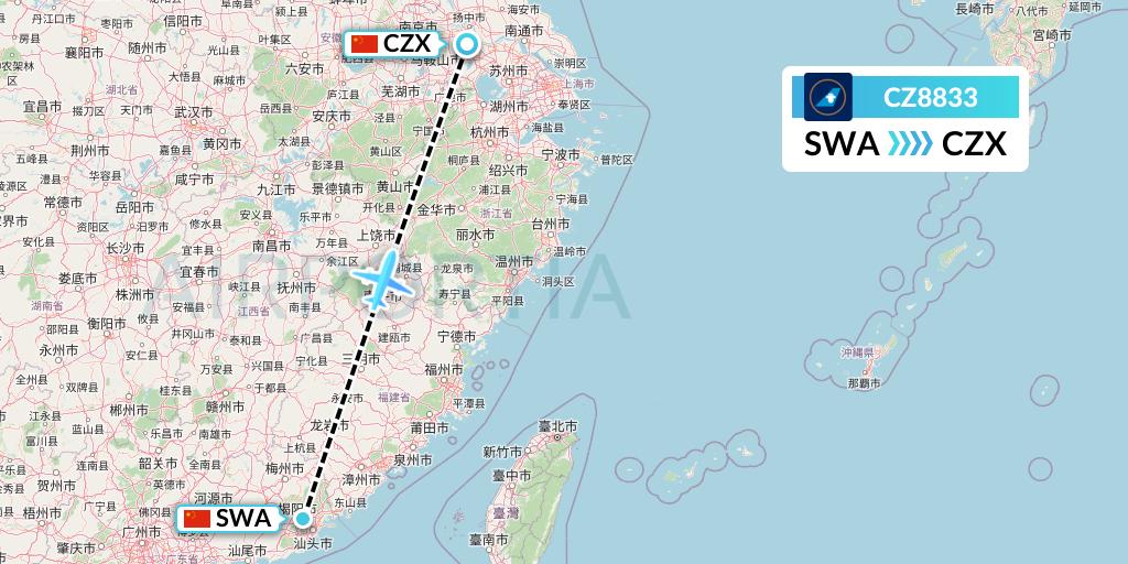 CZ8833 China Southern Airlines Flight Map: Jieyang to Changzhou