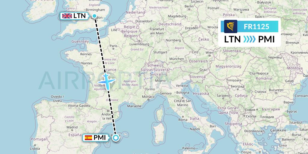 FR1125 Ryanair Flight Map: London to Palma de Mallorca