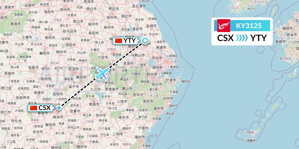 KY3125 Kunming Airlines Flight Map: Changsha to Yangzhou