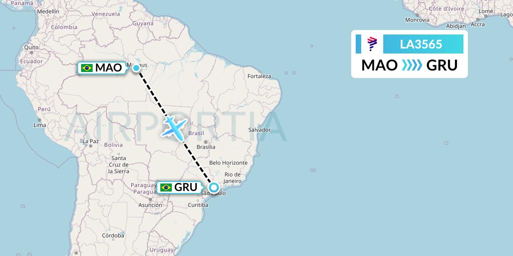 LA3565 LAN Airlines Flight Map: Manaus to Sao Paulo