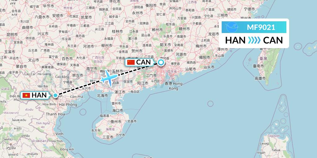 MF9021 Xiamen Airlines Flight Map: Hanoi to Guangzhou
