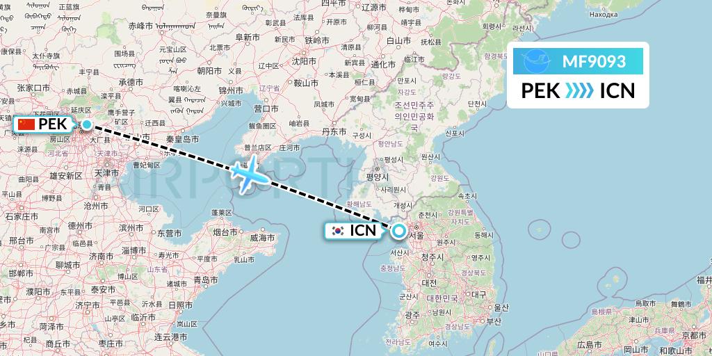 MF9093 Xiamen Airlines Flight Map: Beijing to Seoul