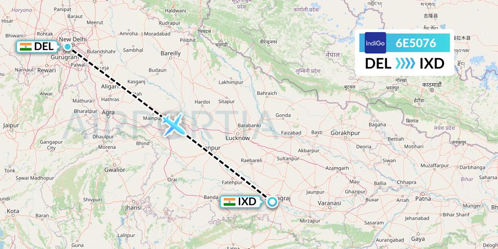 6E5076 IndiGo Airlines Flight Map: Delhi to Allahabad