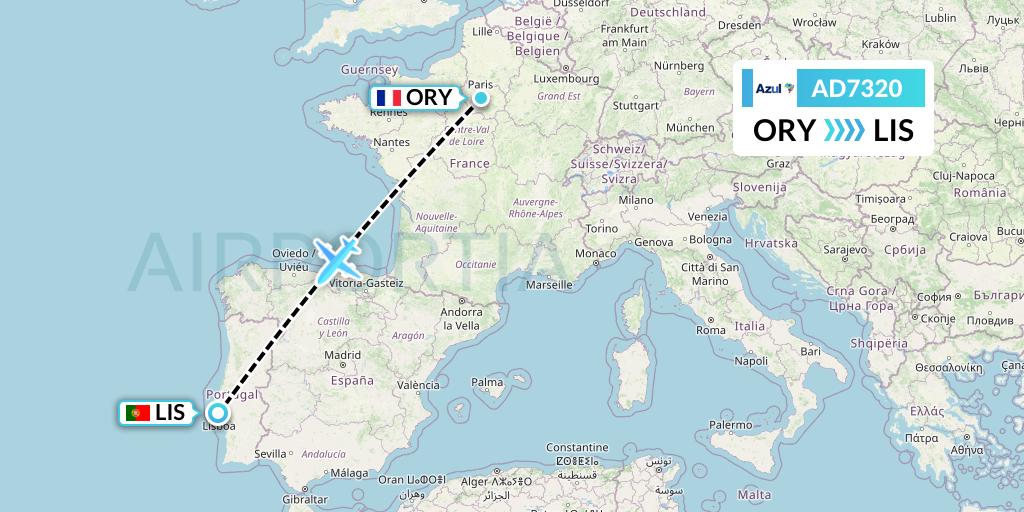AD7320 Azul Brazilian Airlines Flight Map: Paris to Lisbon