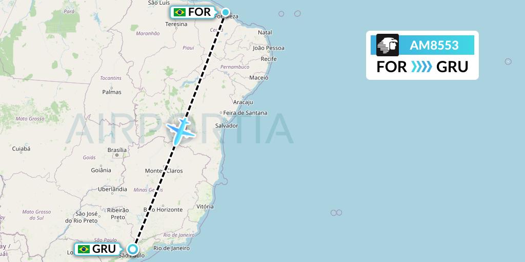 AM8553 Aeromexico Flight Map: Fortaleza to Sao Paulo