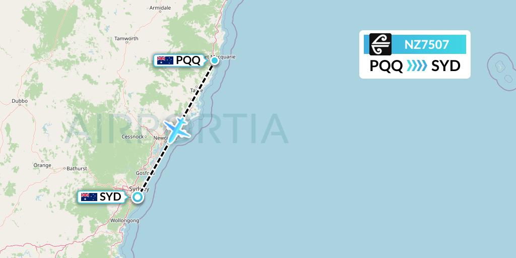 NZ7507 Air New Zealand Flight Map: Port Macquarie to Sydney