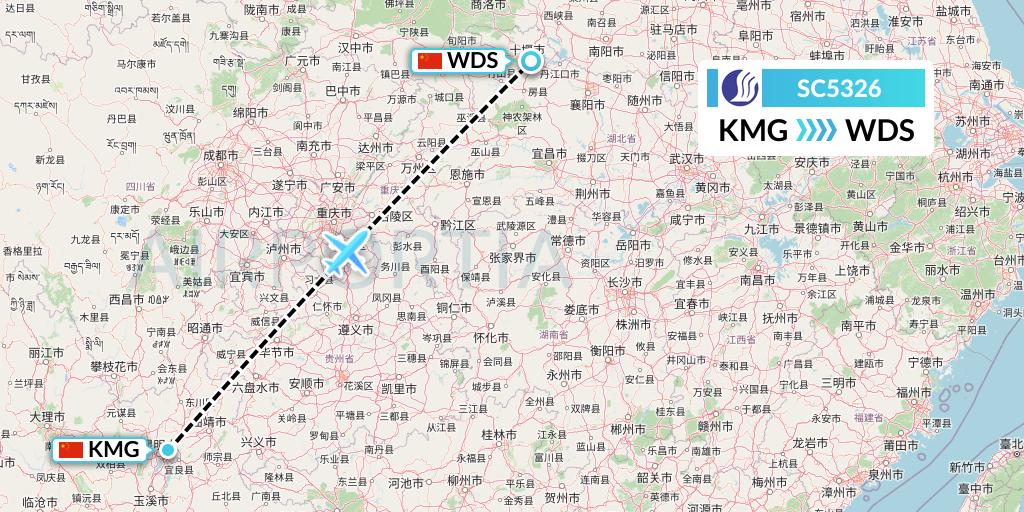 SC5326 Shandong Airlines Flight Map: Kunming to Shiyan