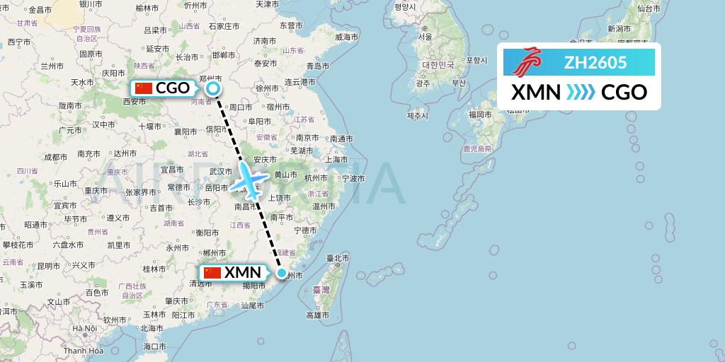 ZH2605 Shenzhen Airlines Flight Map: Xiamen to Zhengzhou