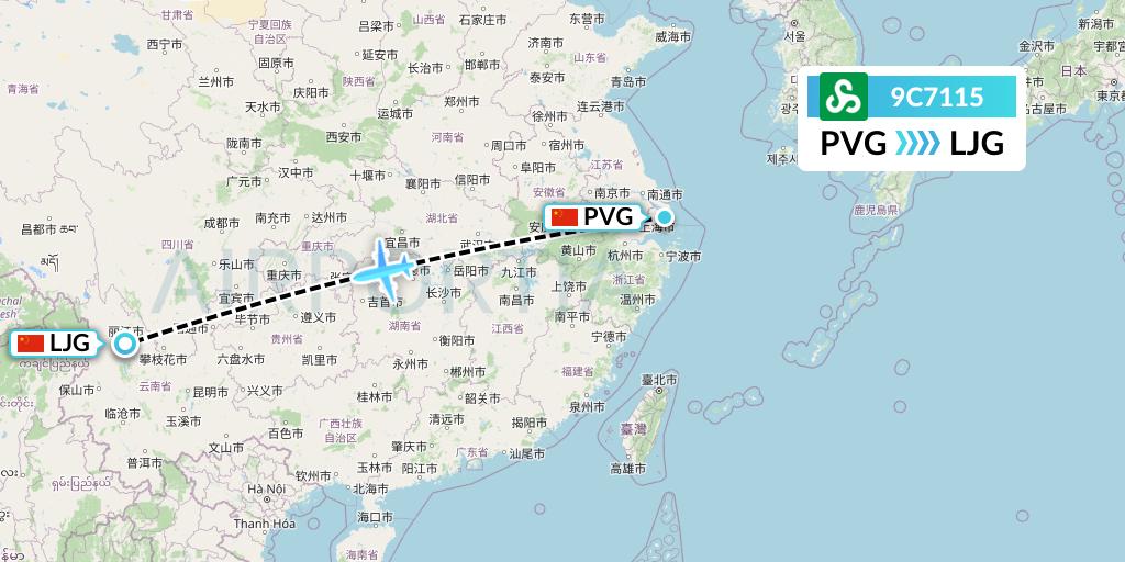 9C7115 Spring Airlines Flight Map: Shanghai to Lijiang