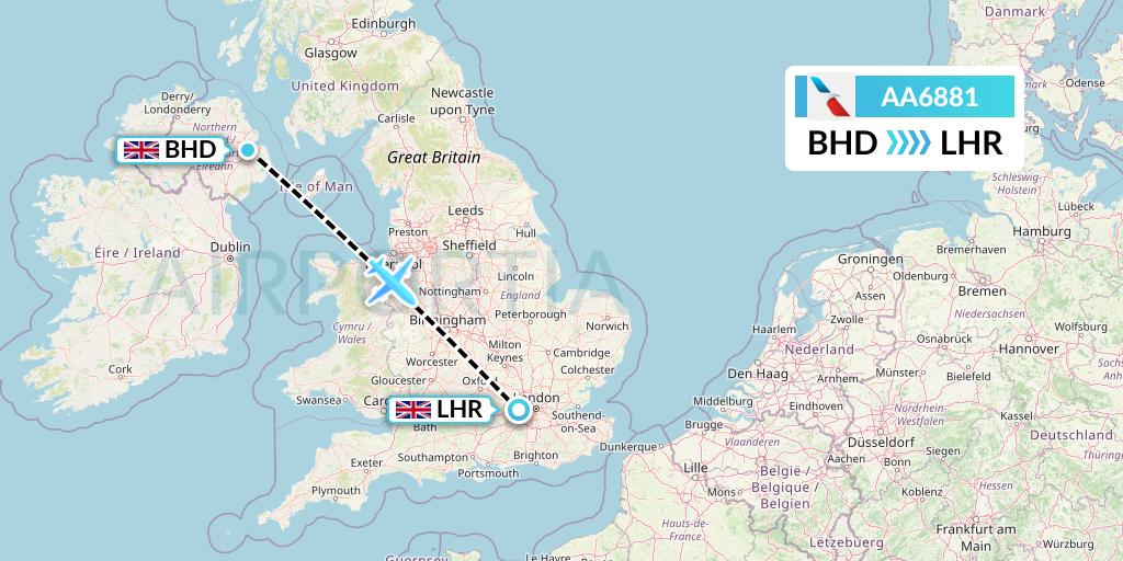 AA6881 American Airlines Flight Map: Belfast to London
