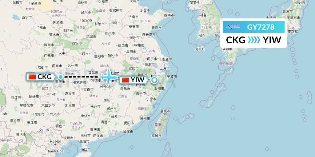 GY7278 Colorful GuiZhou Airlines Flight Map: Chongqing to Yiwu