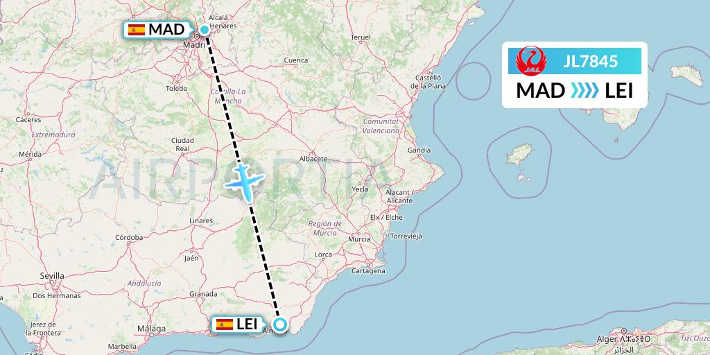 JL7845 Japan Airlines Flight Map: Madrid to Almeria