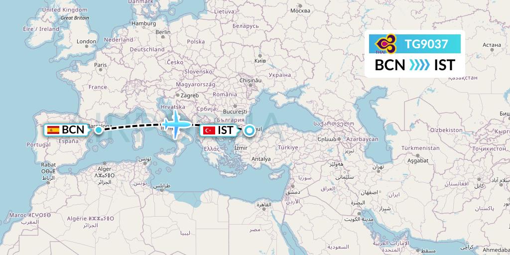 TG9037 Thai Airways Flight Map: Barcelona to Istanbul