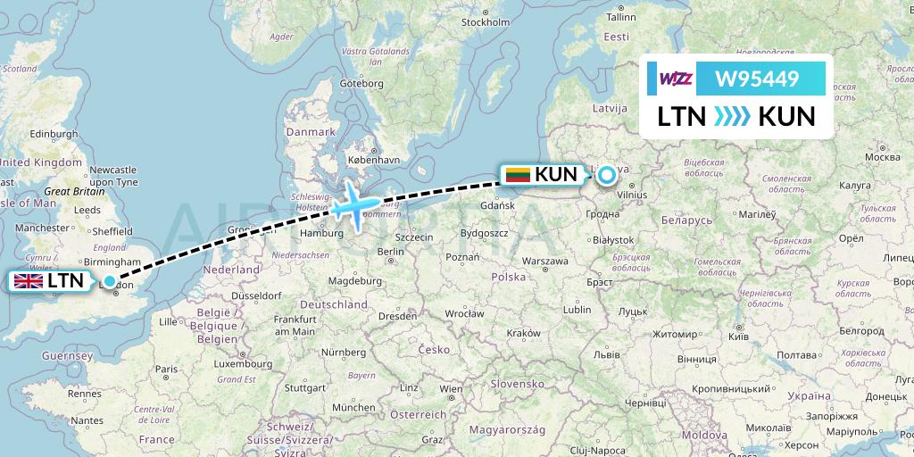 W95449 Wizz Air UK Flight Map: London to Kaunas