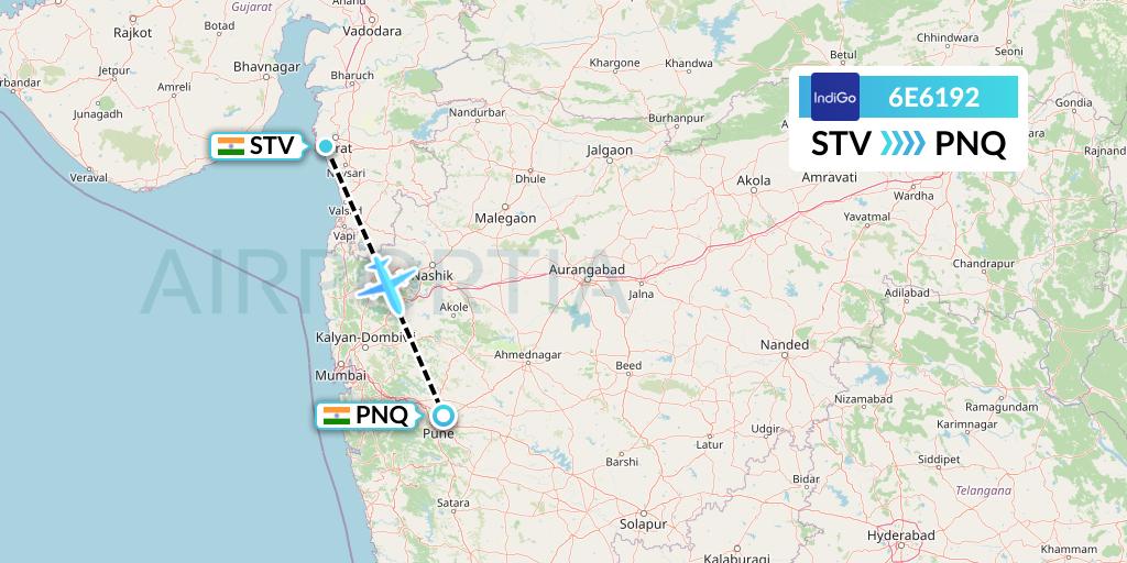 6E6192 IndiGo Airlines Flight Map: Surat to Pune