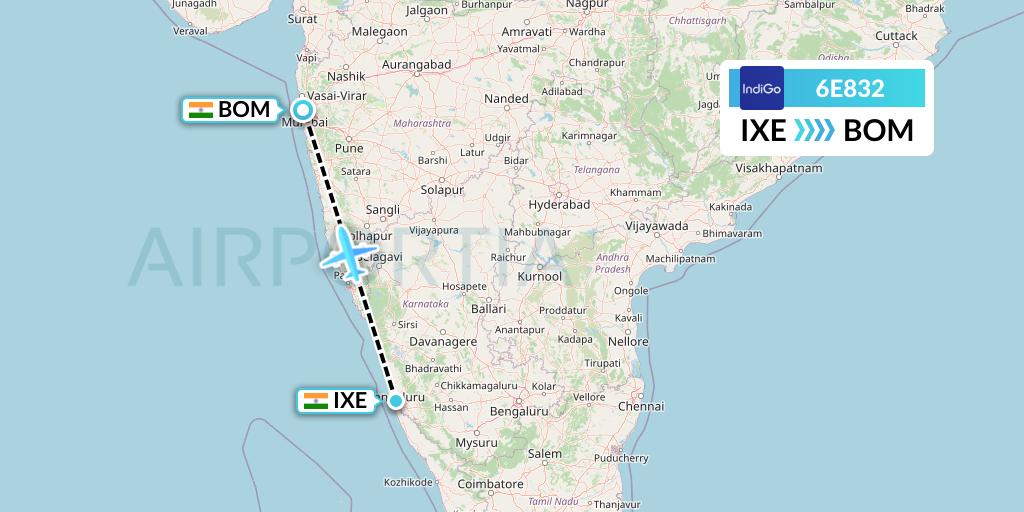 6E832 IndiGo Airlines Flight Map: Mangalore to Mumbai
