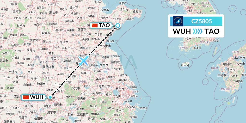 CZ5805 China Southern Airlines Flight Map: Wuhan to Qingdao