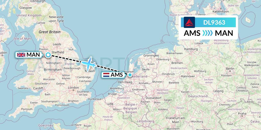 DL9363 Delta Air Lines Flight Map: Amsterdam to Manchester