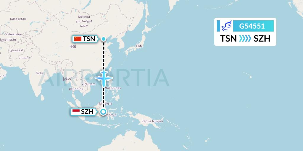 G54551 China Express Airlines Flight Map: Tianjin to Senipah-Borneo Island