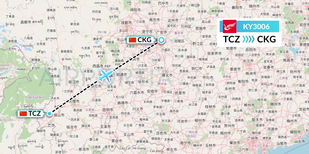 KY3006 Kunming Airlines Flight Map: Tengchong to Chongqing