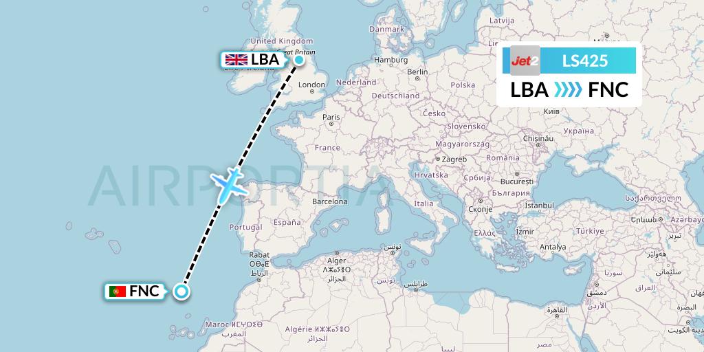 LS425 Jet2 Flight Map: Leeds to Funchal