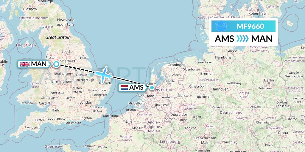 MF9660 Xiamen Airlines Flight Map: Amsterdam to Manchester